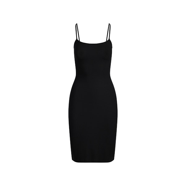 SOFT LOUNGE MIDI SLIP DRESS | ONYX FLAT ON A WHITE BACKGROUND | FLT