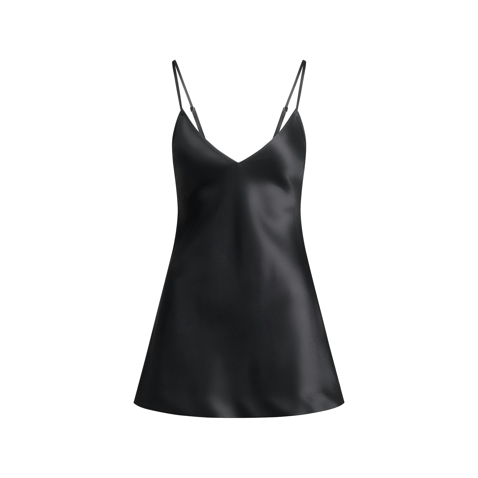 HEAVYWEIGHT SATIN CAMI MINI DRESS | ONYX FLAT ON A WHITE BACKGROUND | FLT