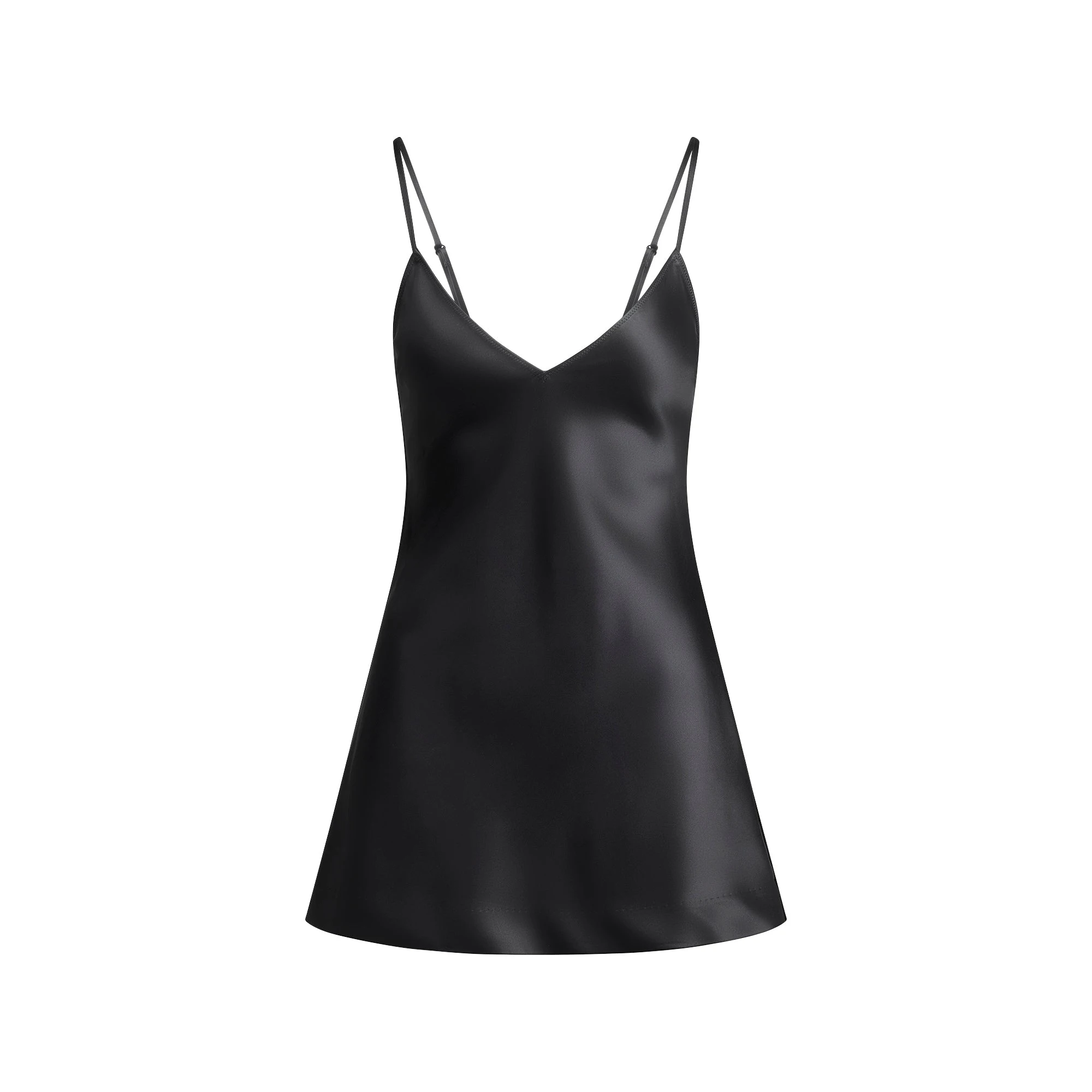 HEAVYWEIGHT SATIN CAMI MINI DRESS | ONYX FLAT ON A WHITE BACKGROUND | FLT