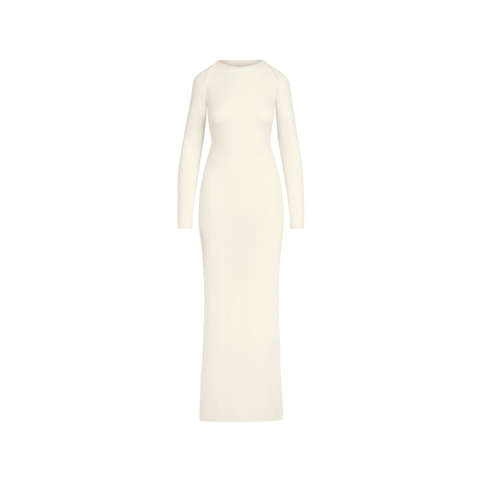 FEATHERWEIGHT CASHMERE LONG SLEEVE MAXI DRESS | EGRET FLAT ON A WHITE BACKGROUND | FLT