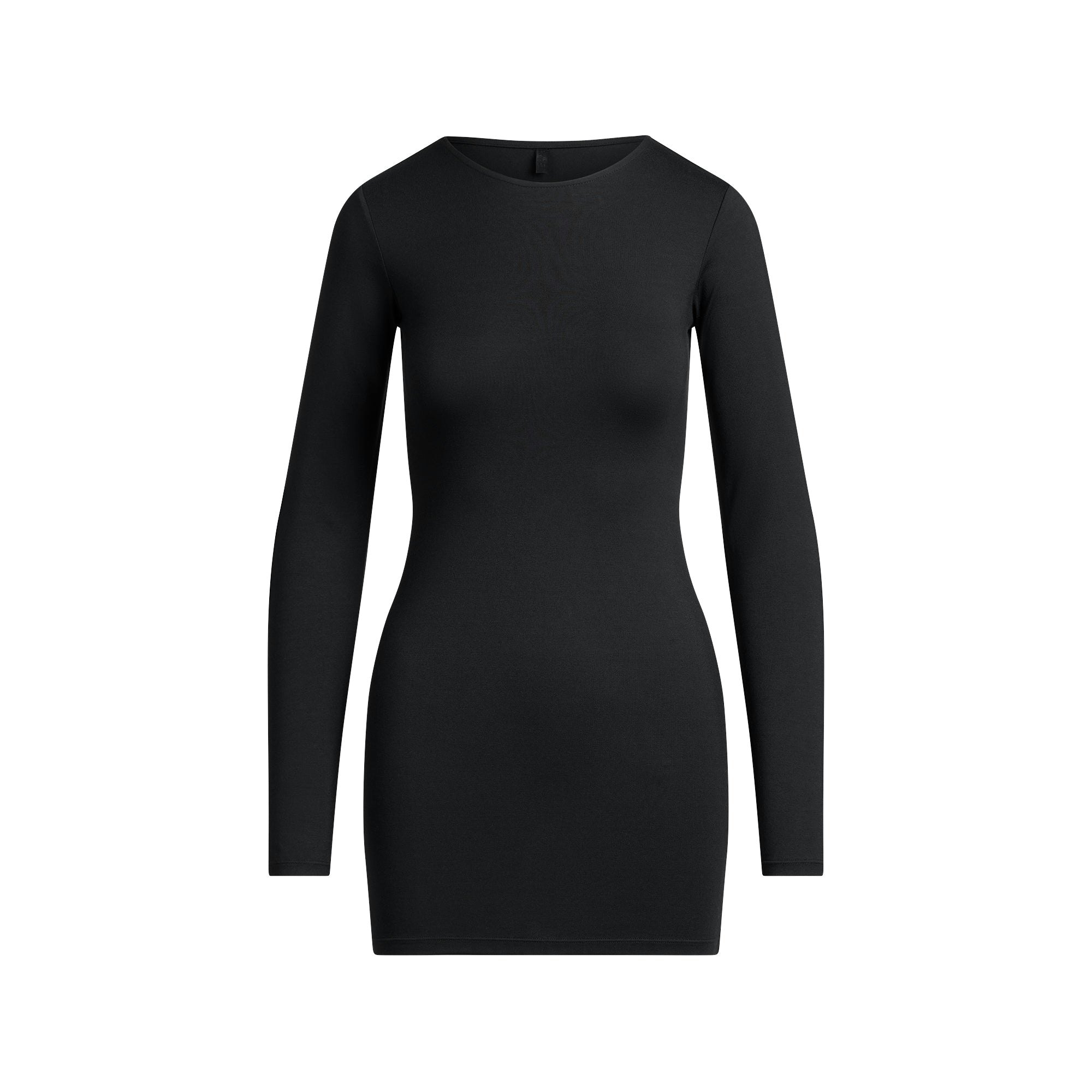 SMOOTH LAYERS CREWNECK MINI DRESS | OBSIDIAN FLAT ON A WHITE BACKGROUND | FLT