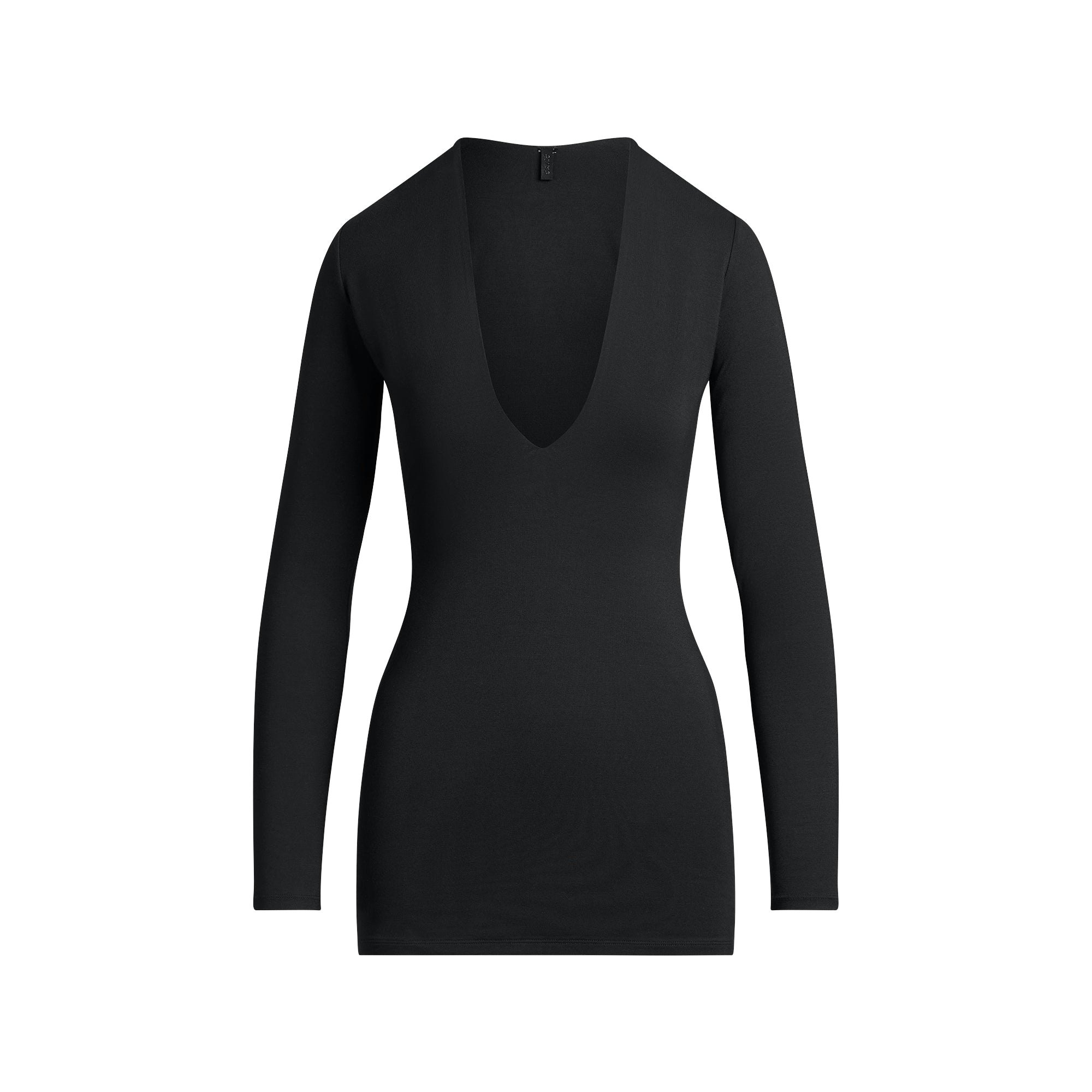 SMOOTH LAYERS DEEP PLUNGE MINI DRESS | OBSIDIAN FLAT ON A WHITE BACKGROUND | FLT