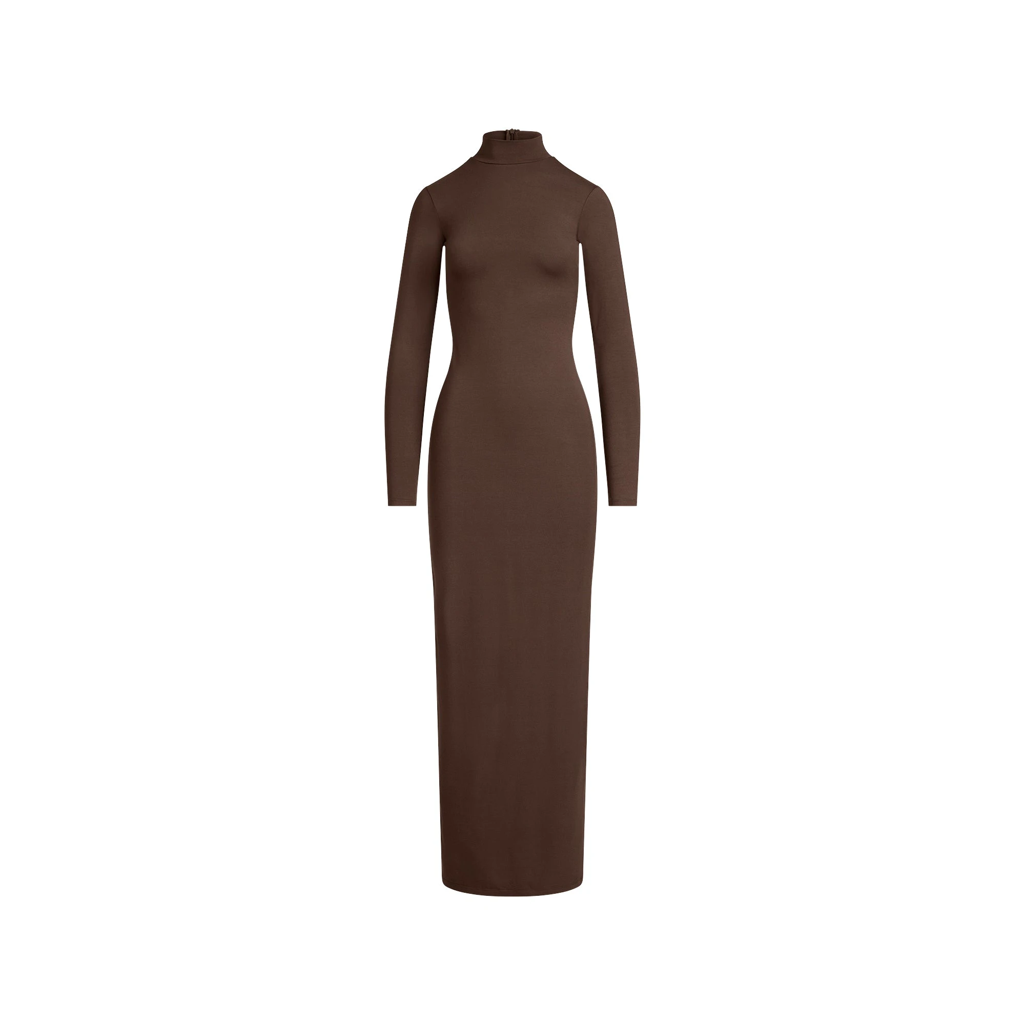 SMOOTH LAYERS TURTLENECK LONG DRESS | ESPRESSO FLAT ON A WHITE BACKGROUND | FLT