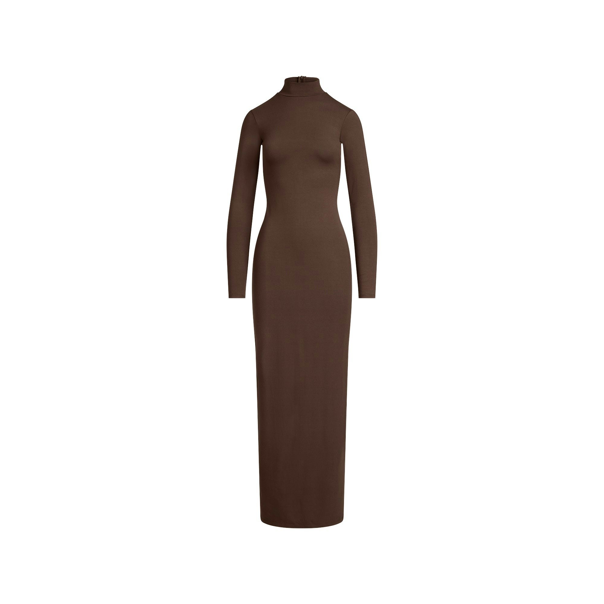 SMOOTH LAYERS TURTLENECK LONG DRESS | ESPRESSO FLAT ON A WHITE BACKGROUND | FLT