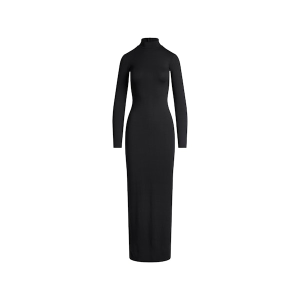 SMOOTH LAYERS TURTLENECK LONG DRESS | OBSIDIAN FLAT ON A WHITE BACKGROUND | FLT