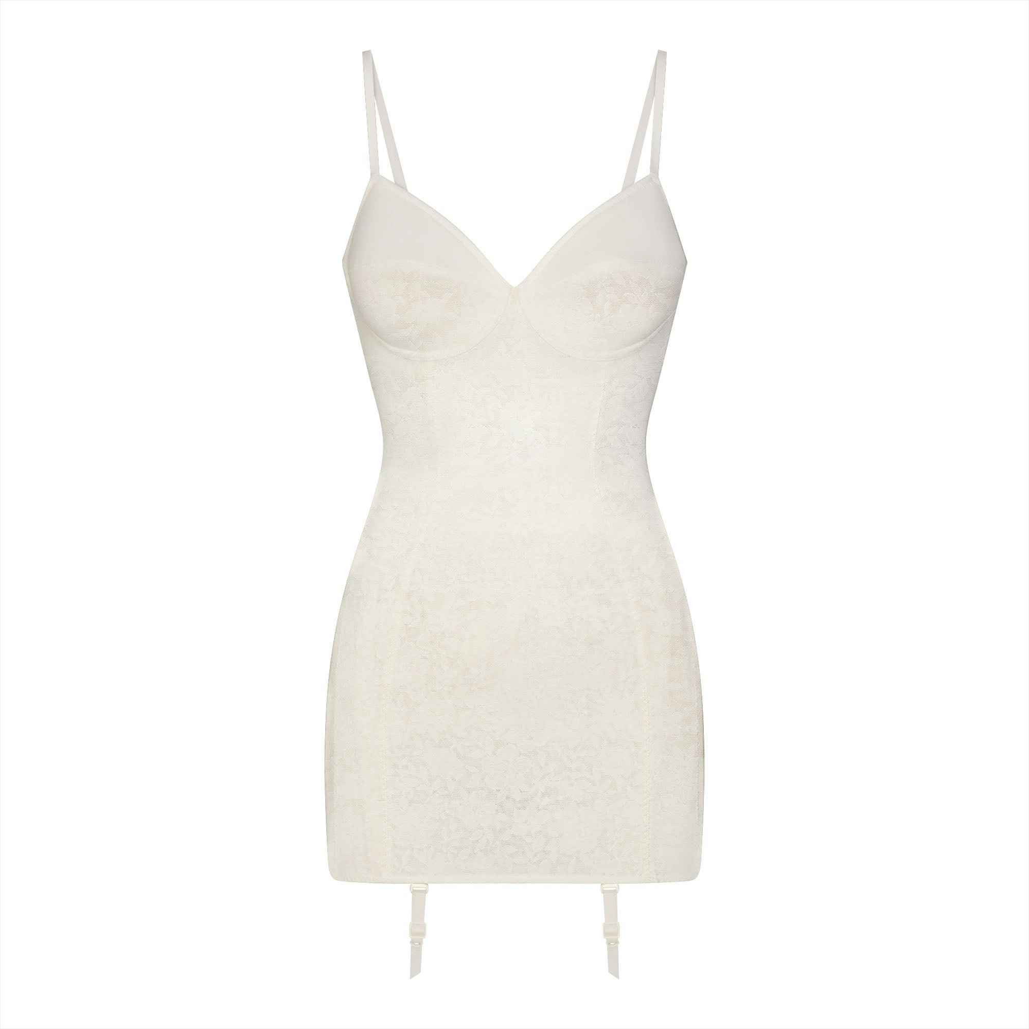 LACE SHAPEWEAR MINI SLIP DRESS | IVORY FLAT ON A WHITE BACKGROUND | FLT