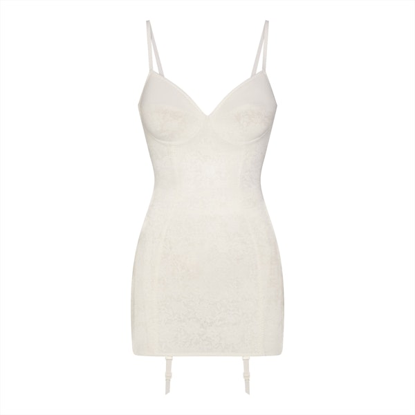 LACE SHAPEWEAR MINI SLIP DRESS | IVORY FLAT ON A WHITE BACKGROUND | FLT