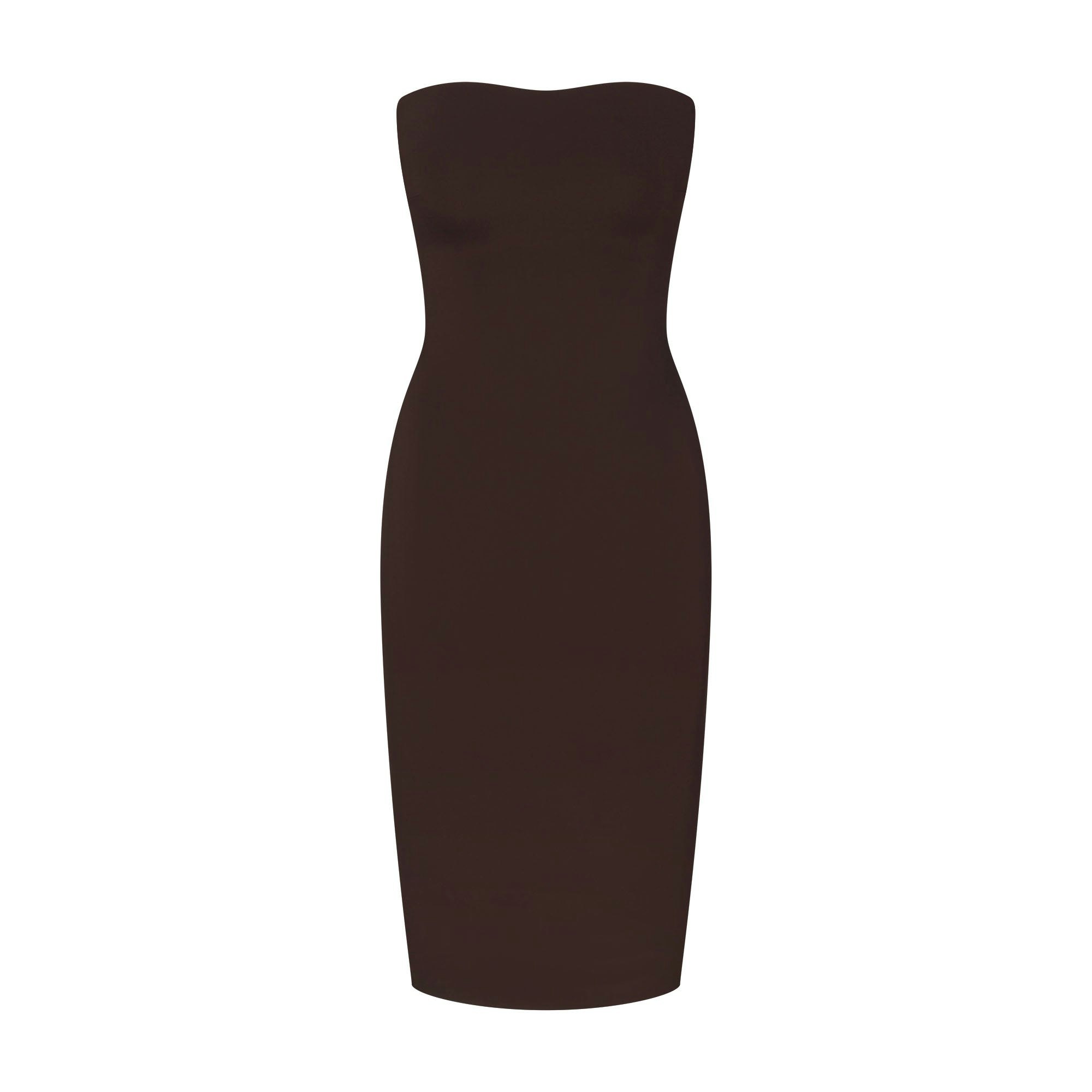 THE ESSENTIAL COLLECTION STRAPLESS MIDI DRESS | ESPRESSO FLAT ON A WHITE BACKGROUND | FLT