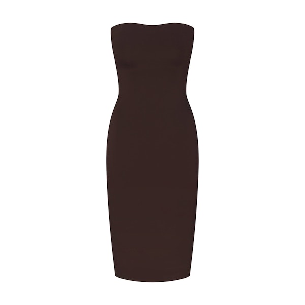 THE ESSENTIAL COLLECTION STRAPLESS MIDI DRESS | ESPRESSO FLAT ON A WHITE BACKGROUND | FLT