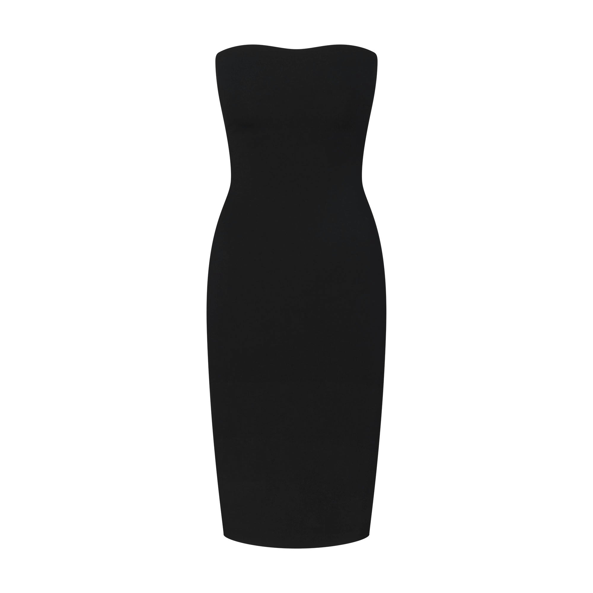 THE ESSENTIAL COLLECTION STRAPLESS MIDI DRESS | OBSIDIAN FLAT ON A WHITE BACKGROUND | FLT