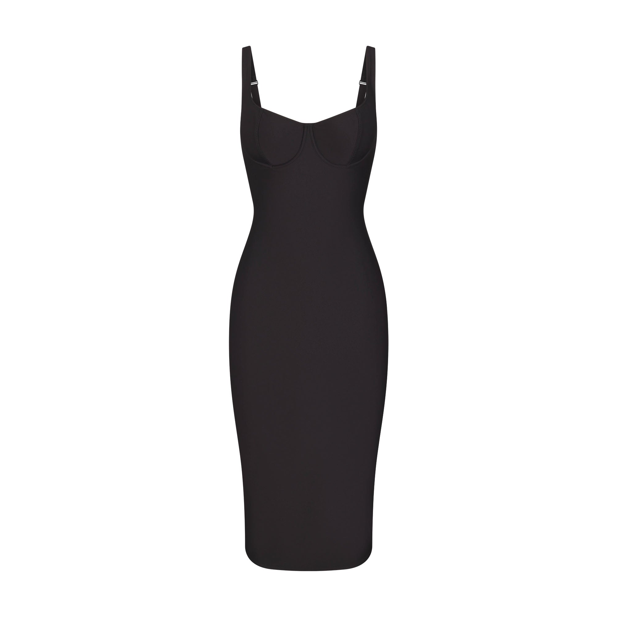 SKIMS BODY MIDI DRESS | ONYX FLAT ON A WHITE BACKGROUND | FLT