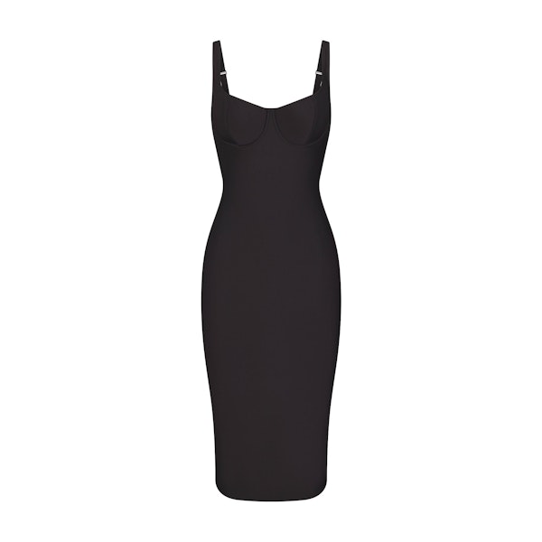 SKIMS BODY MIDI DRESS | ONYX FLAT ON A WHITE BACKGROUND | FLT