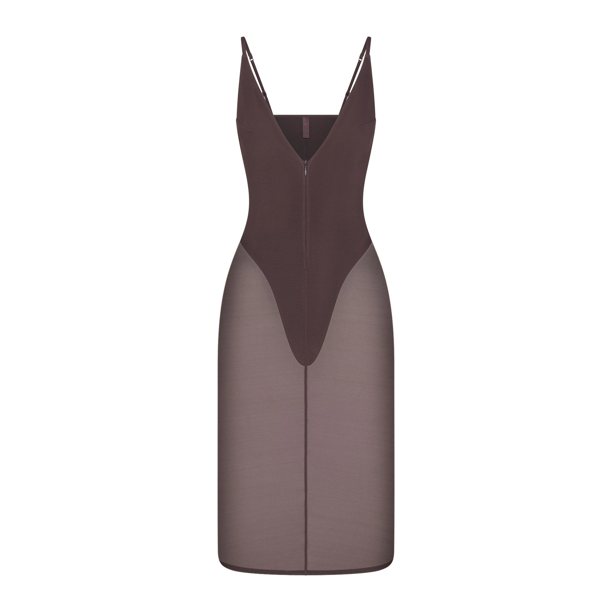 SKIMS BODY MESH PLUNGE MIDI DRESS | RAISIN FLAT ON A WHITE BACKGROUND | FLT