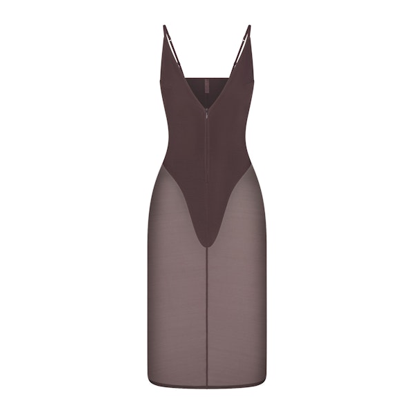 SKIMS BODY MESH PLUNGE MIDI DRESS | RAISIN FLAT ON A WHITE BACKGROUND | FLT