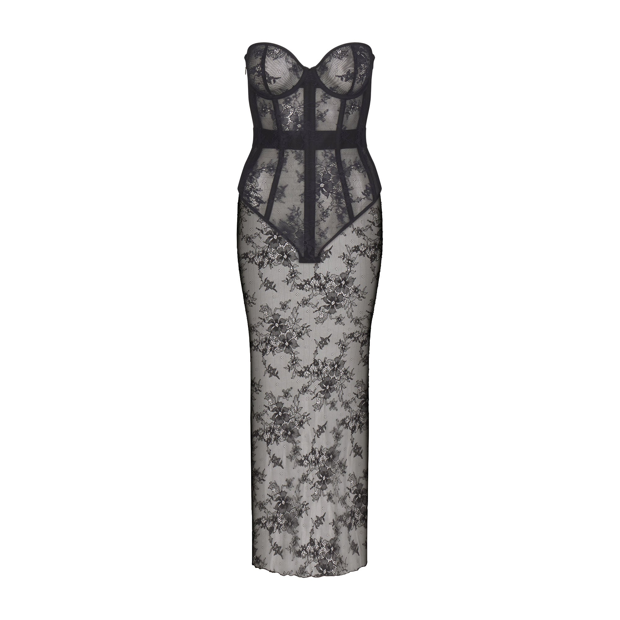 ULTRA FINE LACE STRAPLESS CORSET LONG DRESS ONYX