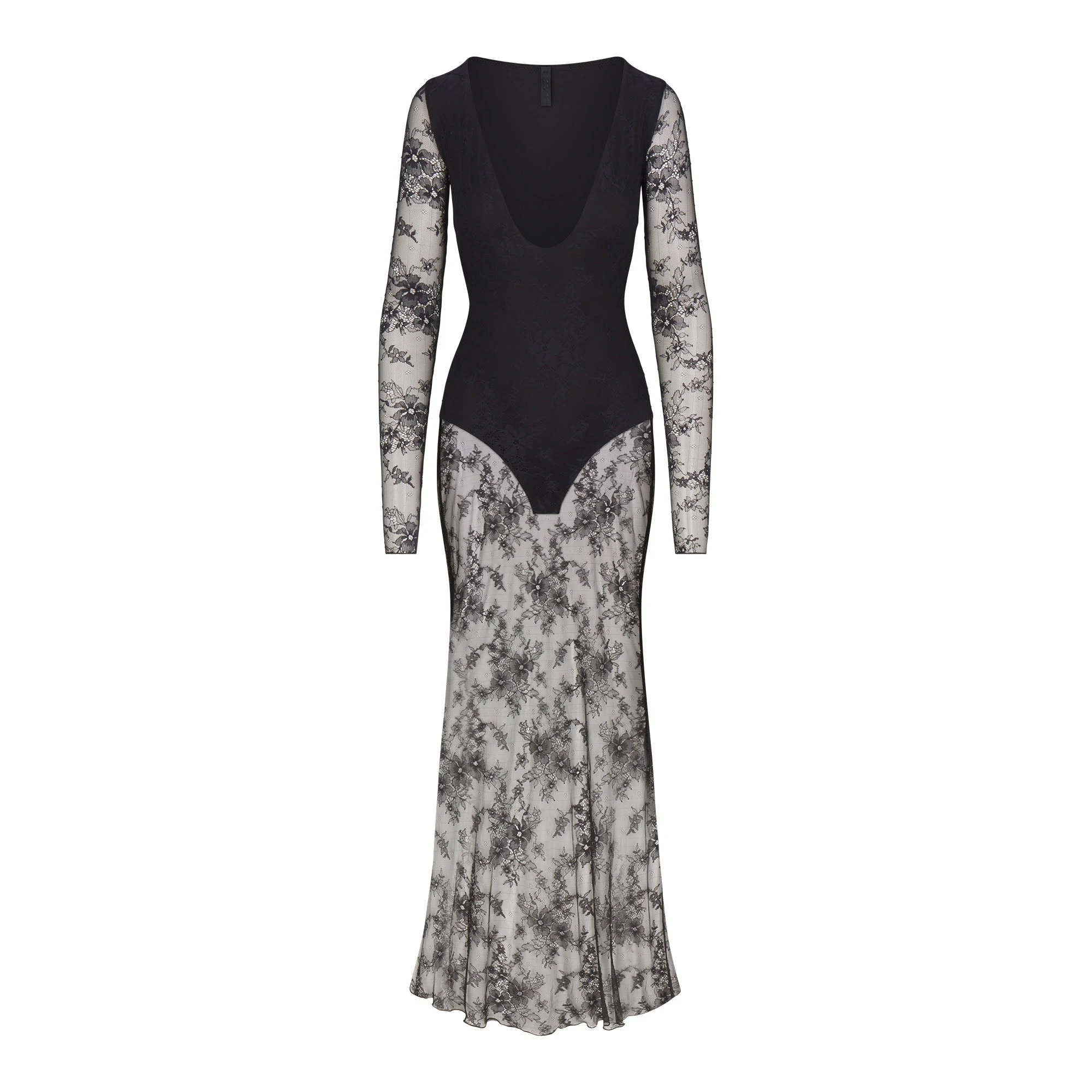 ULTRA FINE LACE PLUNGE LONG DRESS | ONYX (LONG DRESSES) FLAT ON A WHITE BACKGROUND | FLT