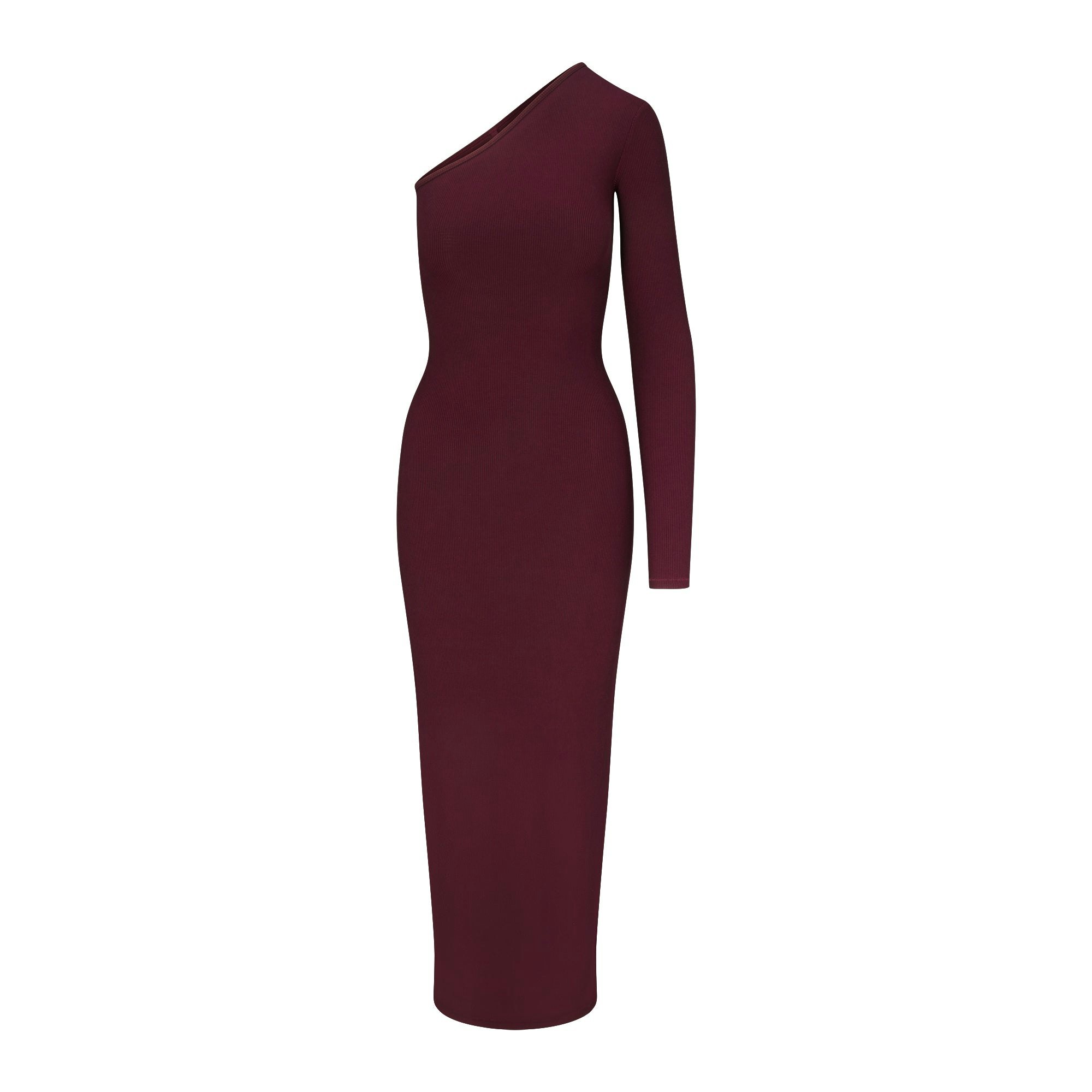 SOFT LOUNGE ONE SHOULDER LONG DRESS BORDEAUX FLAT ON A WHITE BACKGROUND | FLT | FLT