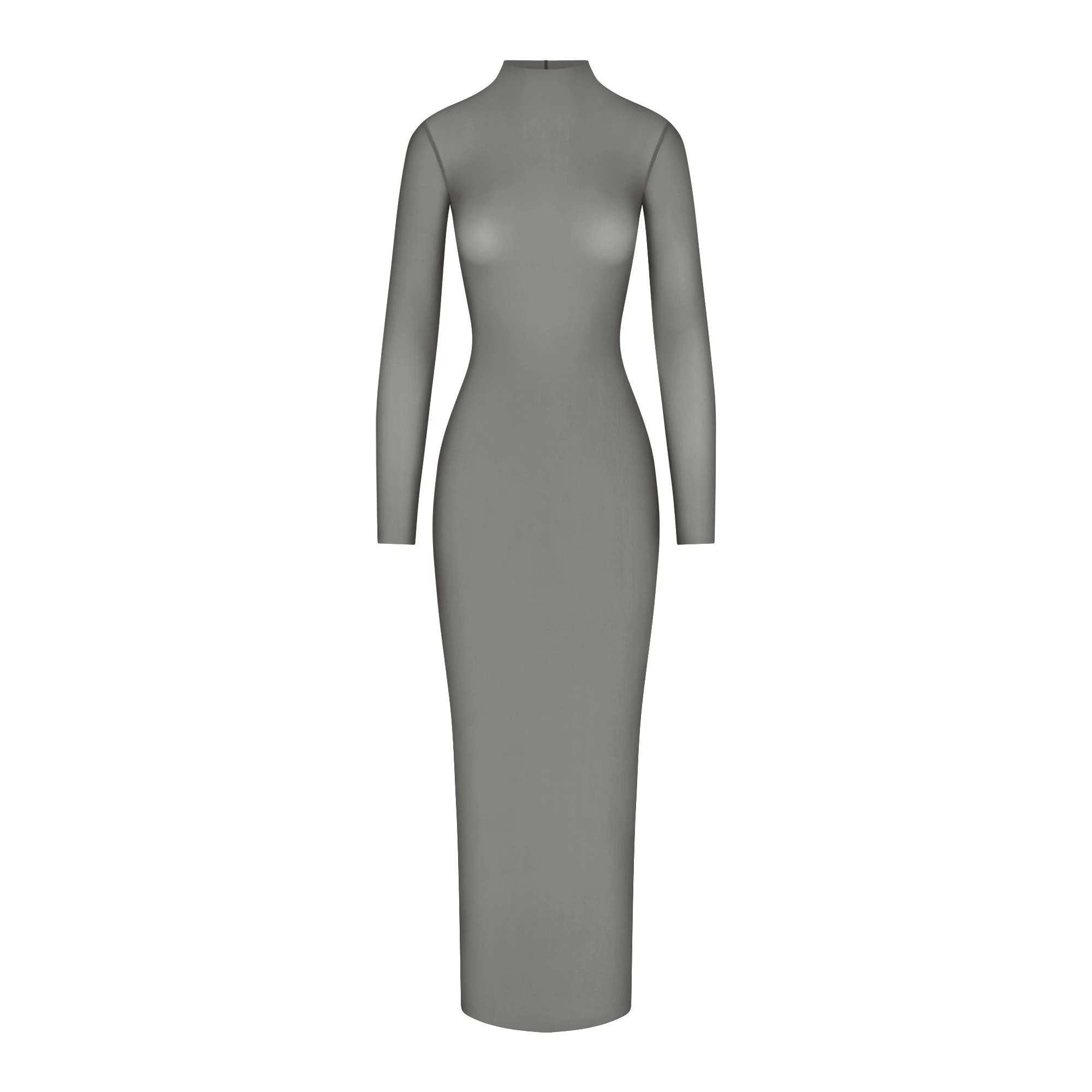 MILKY SHEER MOCK NECK LONG SLEEVE LONG DRESS | GUNMETAL (LONG DRESSES) FLAT ON A WHITE BACKGROUND | FLT