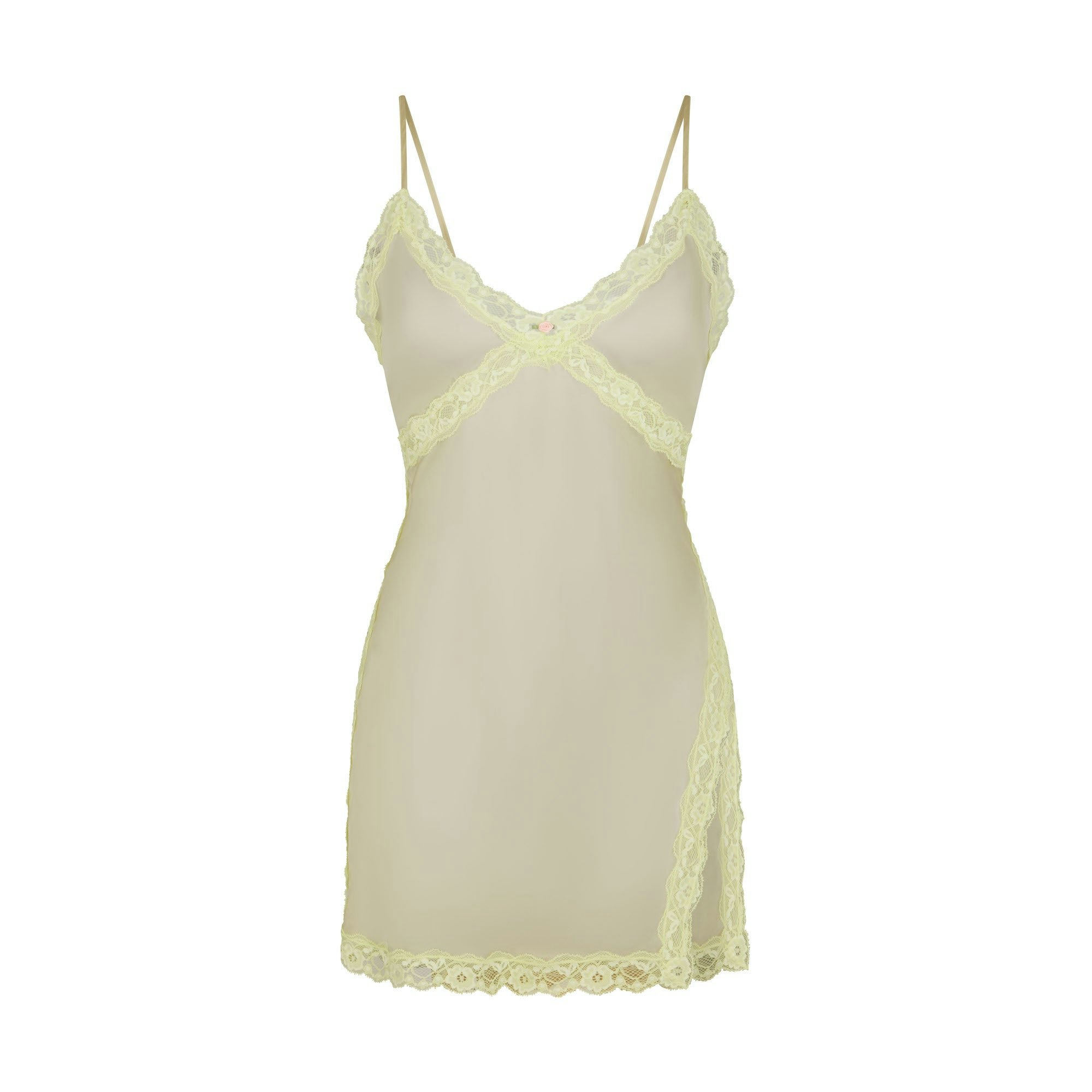 SKIMS ROMANCE LACE SLIP DRESS | SAGE (MINI DRESSES, DRESSES) FLAT ON A WHITE BACKGROUND | FLT