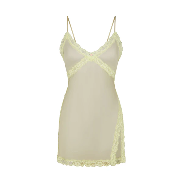 SKIMS ROMANCE LACE SLIP DRESS | SAGE (MINI DRESSES, DRESSES) FLAT ON A WHITE BACKGROUND | FLT
