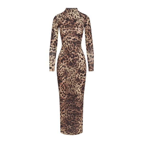 DOLCE&GABBANA X SKIMS MILKY SHEER MOCK NECK LONG DRESS | LEOPARD (LONG DRESSES) FLAT ON A WHITE BACKGROUND | FLT