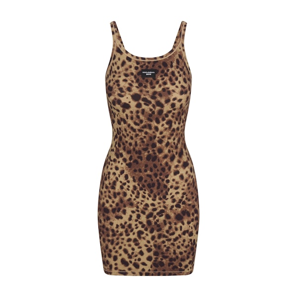 DOLCE&GABBANA X SKIMS COTTON RIB SCOOP TANK MINI DRESS | LEOPARD (MINI DRESSES) FLAT ON A WHITE BACKGROUND | FLT