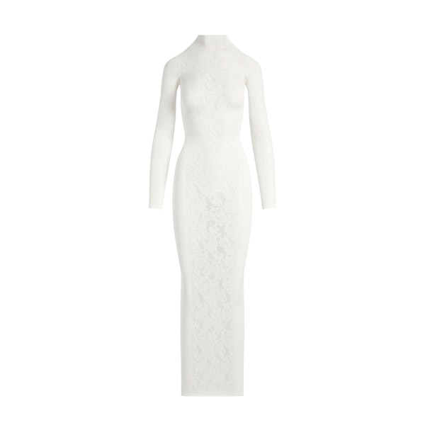 KNIT LACE MOCK NECK DRESS | IVORY FLAT ON A WHITE BACKGROUND | FLT