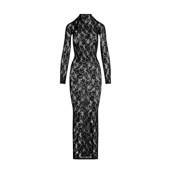 KNIT LACE MOCK NECK DRESS | ONYX FLAT ON A WHITE BACKGROUND | FLT