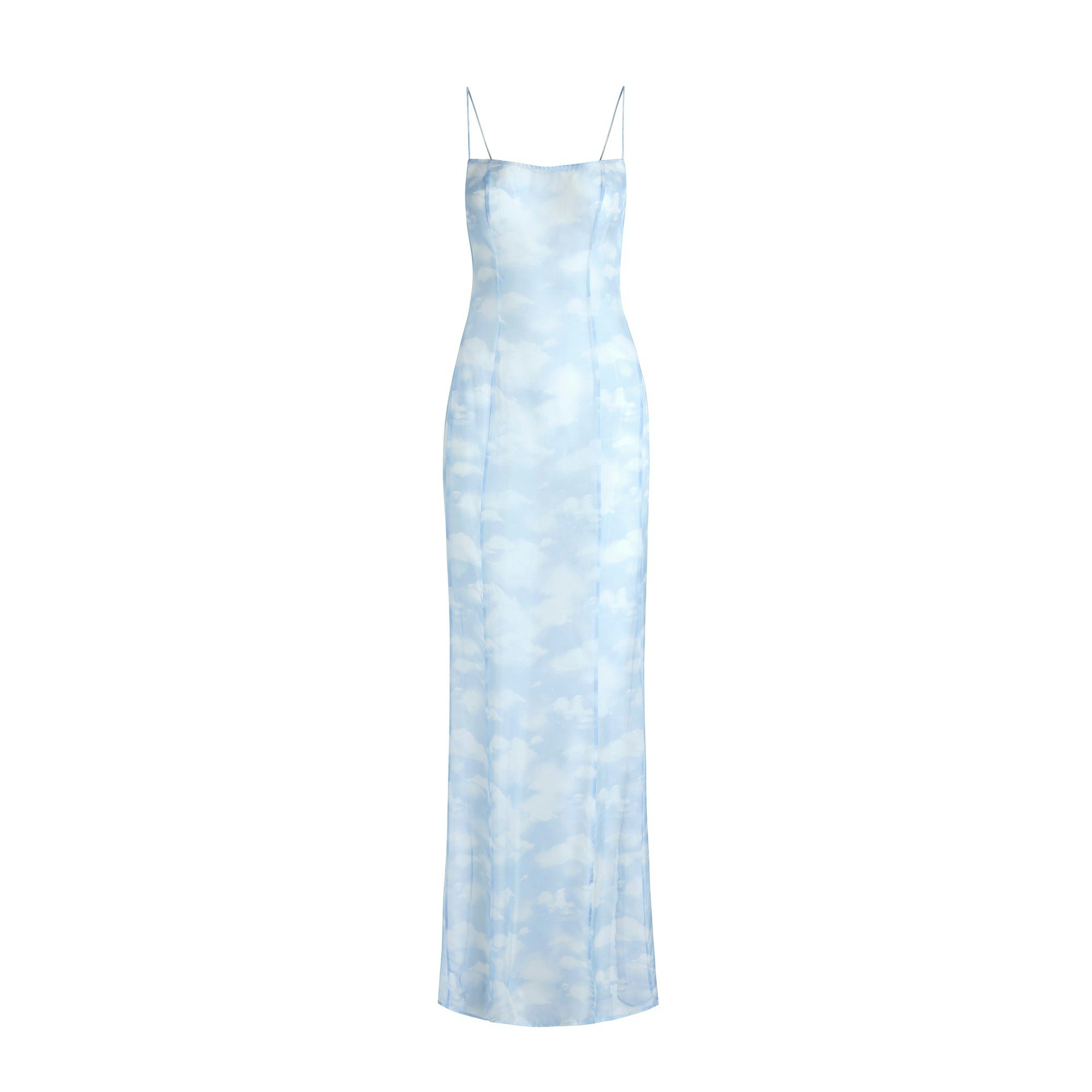 SKIMS ROMANCE LONG SLIP DRESS | BLUE QUARTZ CLOUD PRINT FLAT ON A WHITE BACKGROUND | FLT