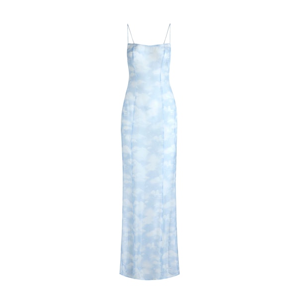 SKIMS ROMANCE LONG SLIP DRESS | BLUE QUARTZ CLOUD PRINT FLAT ON A WHITE BACKGROUND | FLT