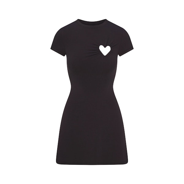COTTON JERSEY HEART MINI DRESS | SOOT FLAT ON A WHITE BACKGROUND | FLT