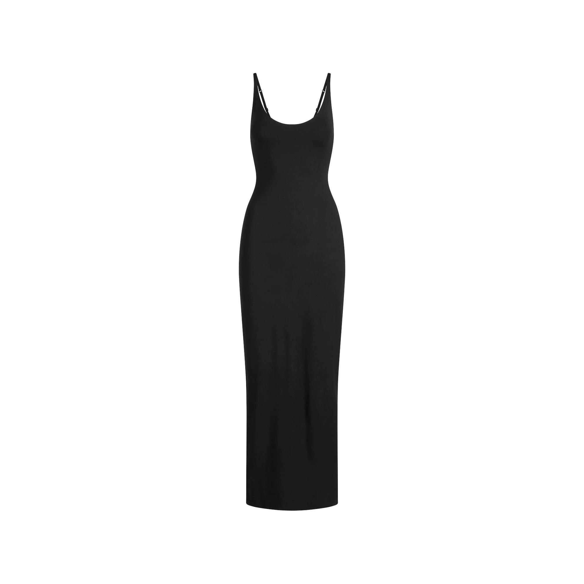 SMOOTH LAYERS SKIMPY SCOOP NECK LONG DRESS | OBSIDIAN FLAT ON A WHITE BACKGROUND | FLT