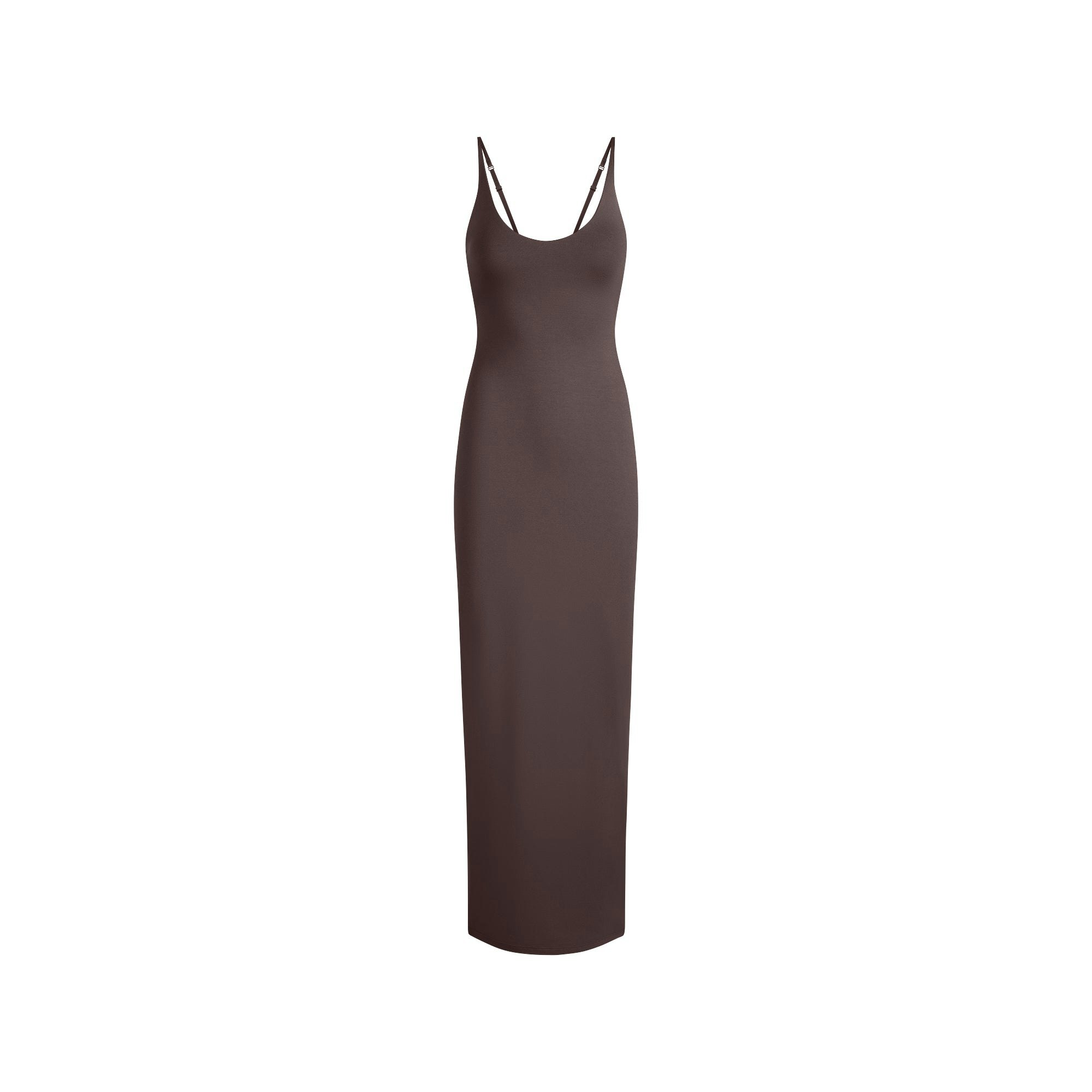 SMOOTH LAYERS SKIMPY SCOOP NECK LONG DRESS | RAISIN FLAT ON A WHITE BACKGROUND | FLT