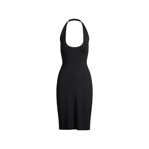SMOOTH LAYERS HALTER MIDI DRESS | OBSIDIAN FLAT ON A WHITE BACKGROUND | FLT