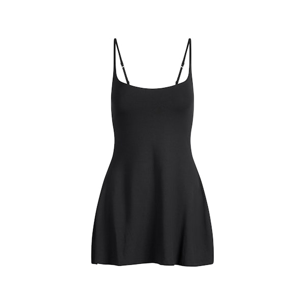SMOOTH LAYERS SKIMPY STRAP MINI DRESS | OBSIDIAN FLAT ON A WHITE BACKGROUND | FLT
