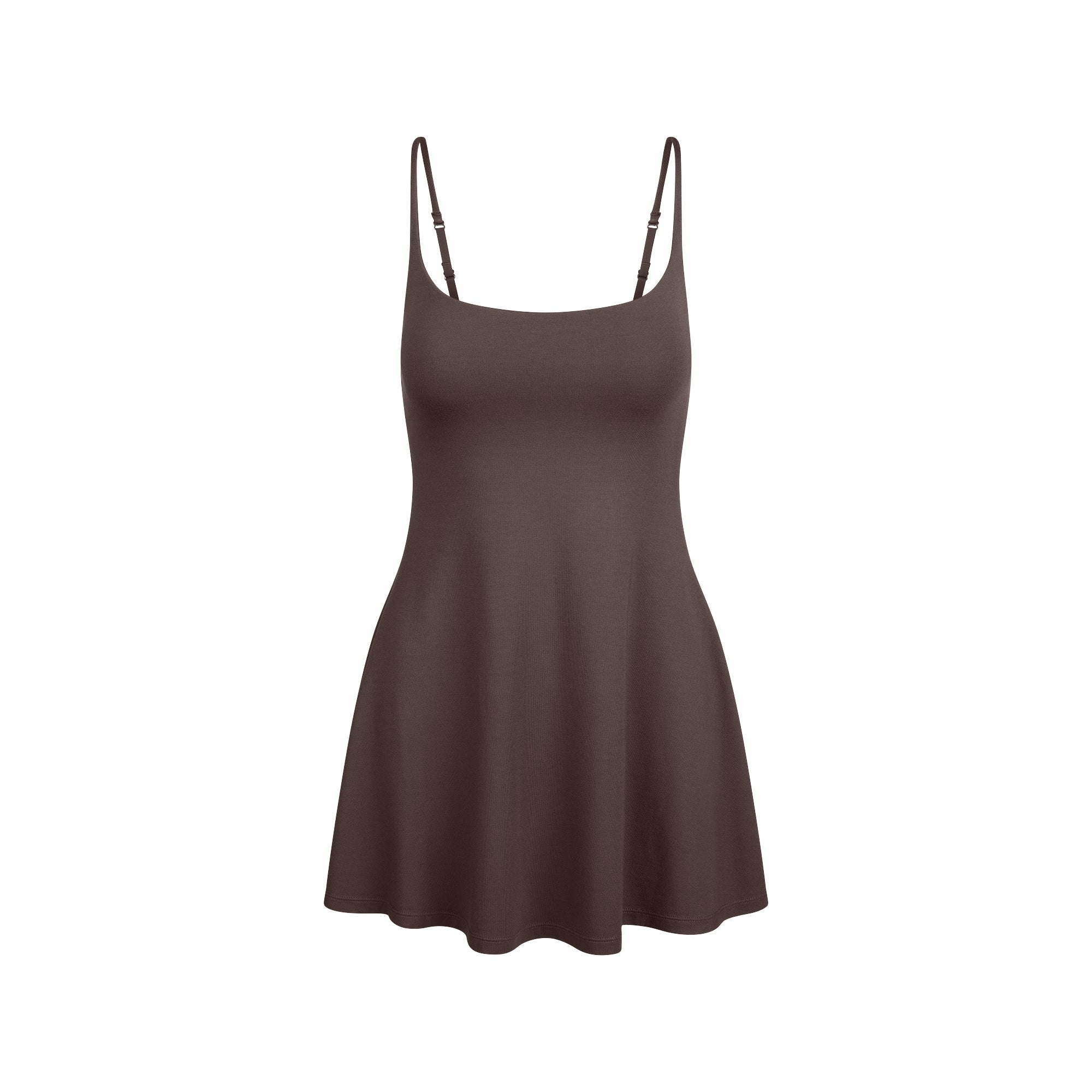 SMOOTH LAYERS SKIMPY STRAP MINI DRESS | RAISIN FLAT ON A WHITE BACKGROUND | FLT