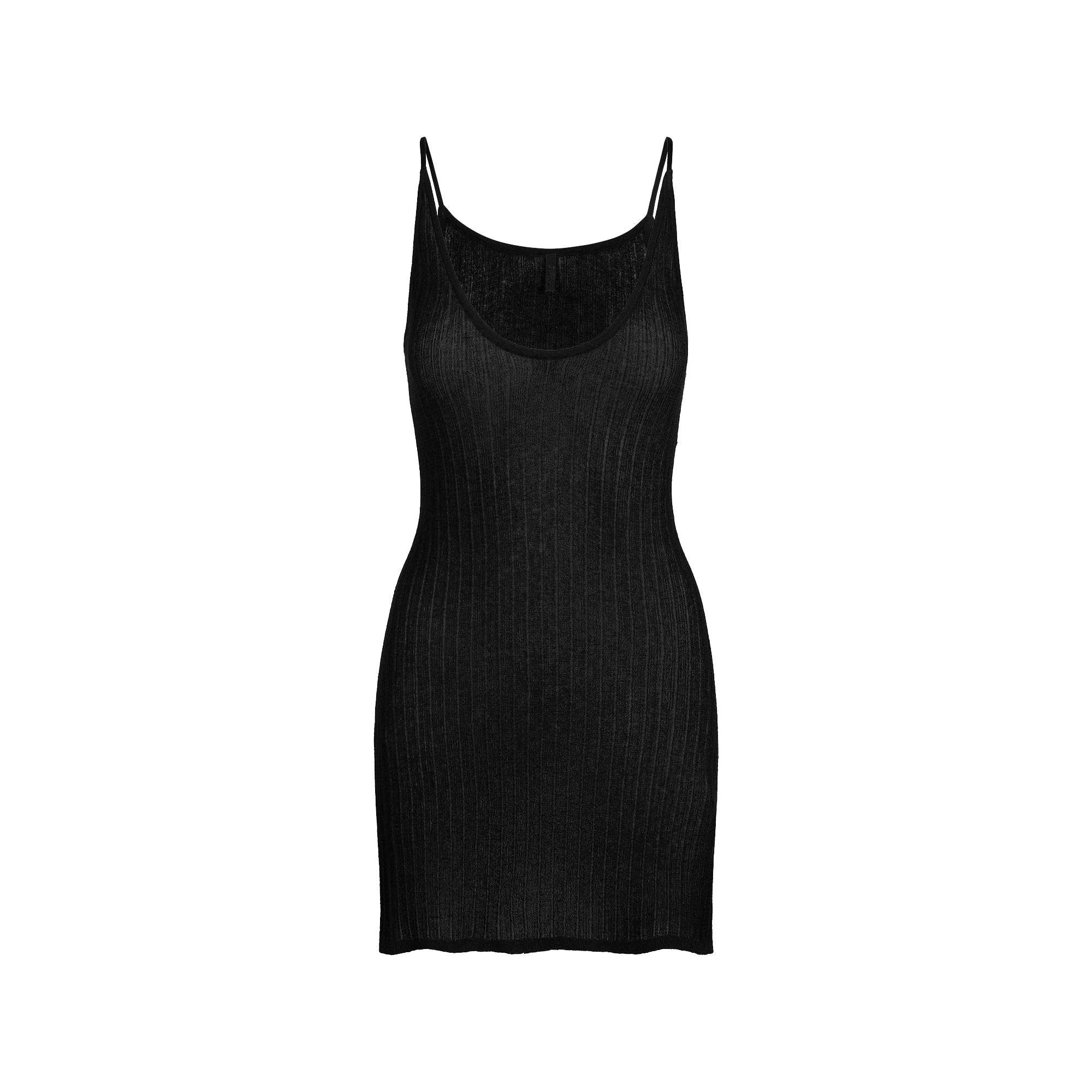 SHEER KNIT PLUNGE MINI DRESS | ONYX FLAT ON A WHITE BACKGROUND | FLT