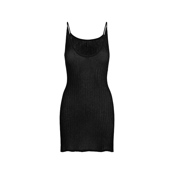 SHEER KNIT PLUNGE MINI DRESS | ONYX FLAT ON A WHITE BACKGROUND | FLT