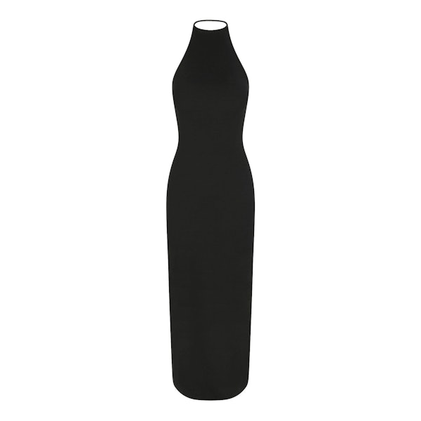 SKIMS CLOUD HALTER LONG DRESS | ONYX FLAT ON A WHITE BACKGROUND | FLT | FLT