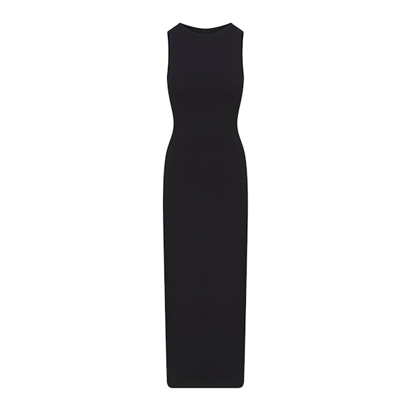 SMOOTH LOUNGE LONG BOAT NECK DRESS | OBSIDIAN FLAT ON A WHITE BACKGROUND | FLT | FLT