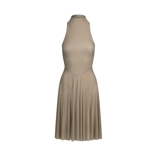 MILKY SHEER HIGH NECK MIDI DRESS | TRUFFLE FLAT ON A WHITE BACKGROUND | FLT