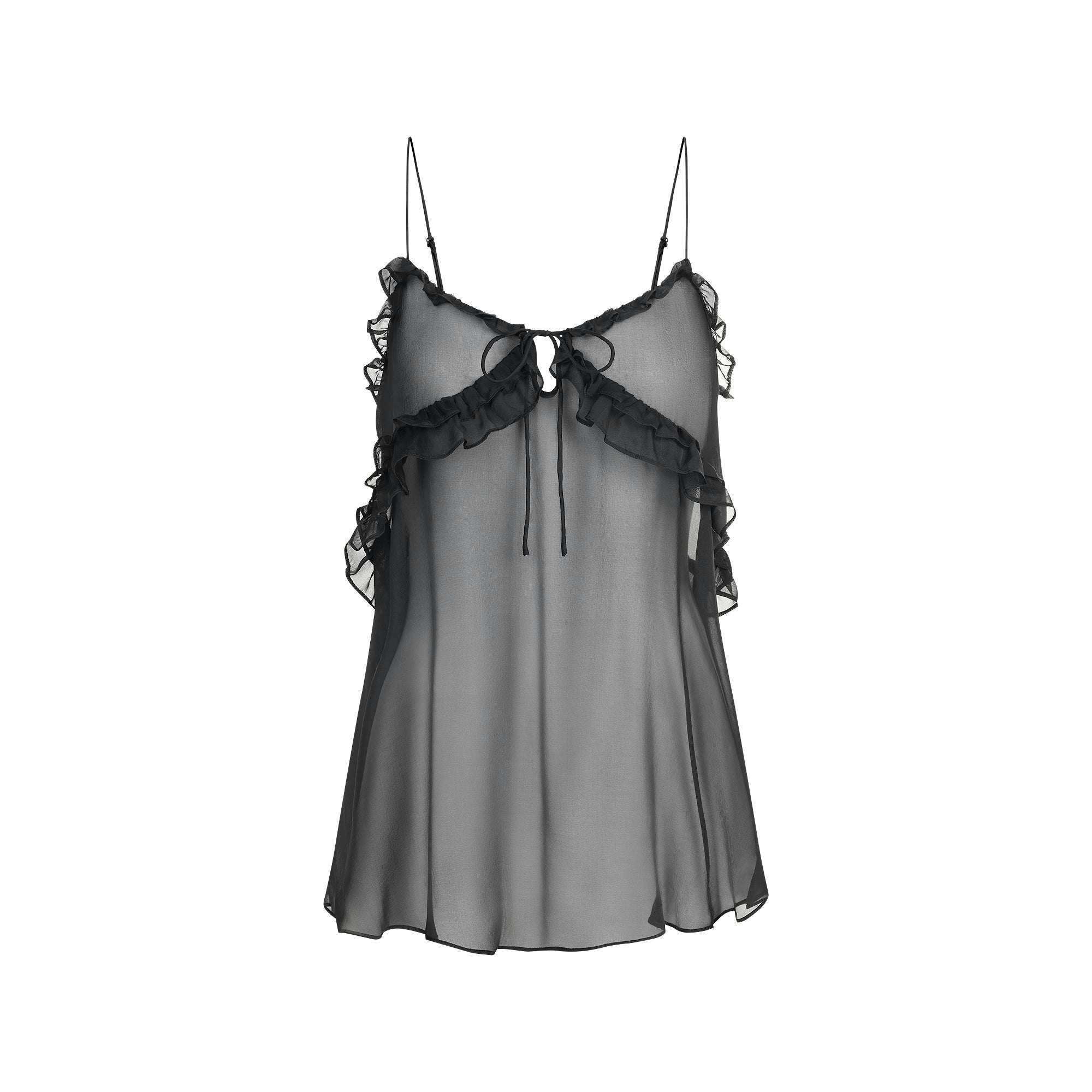 SKIMS ROMANCE TIE FRONT SLIP DRESS | OBSIDIAN FLAT ON A WHITE BACKGROUND | FLT