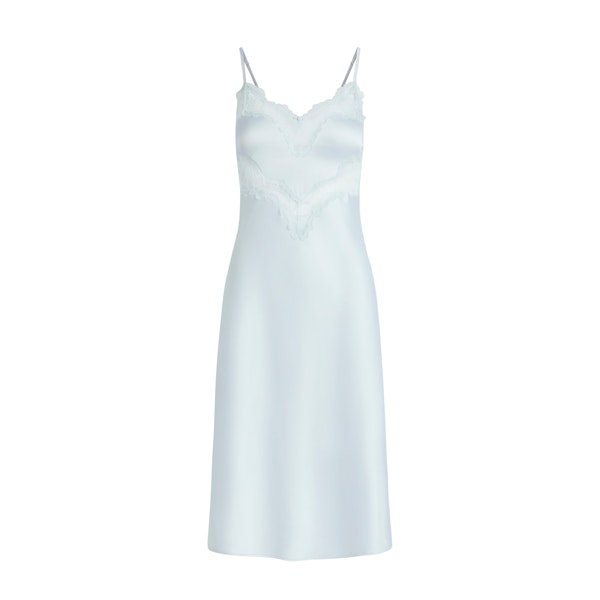 WOVEN SHINE LACE MIDI SLIP DRESS | CLOUD FLAT ON A WHITE BACKGROUND | FLT