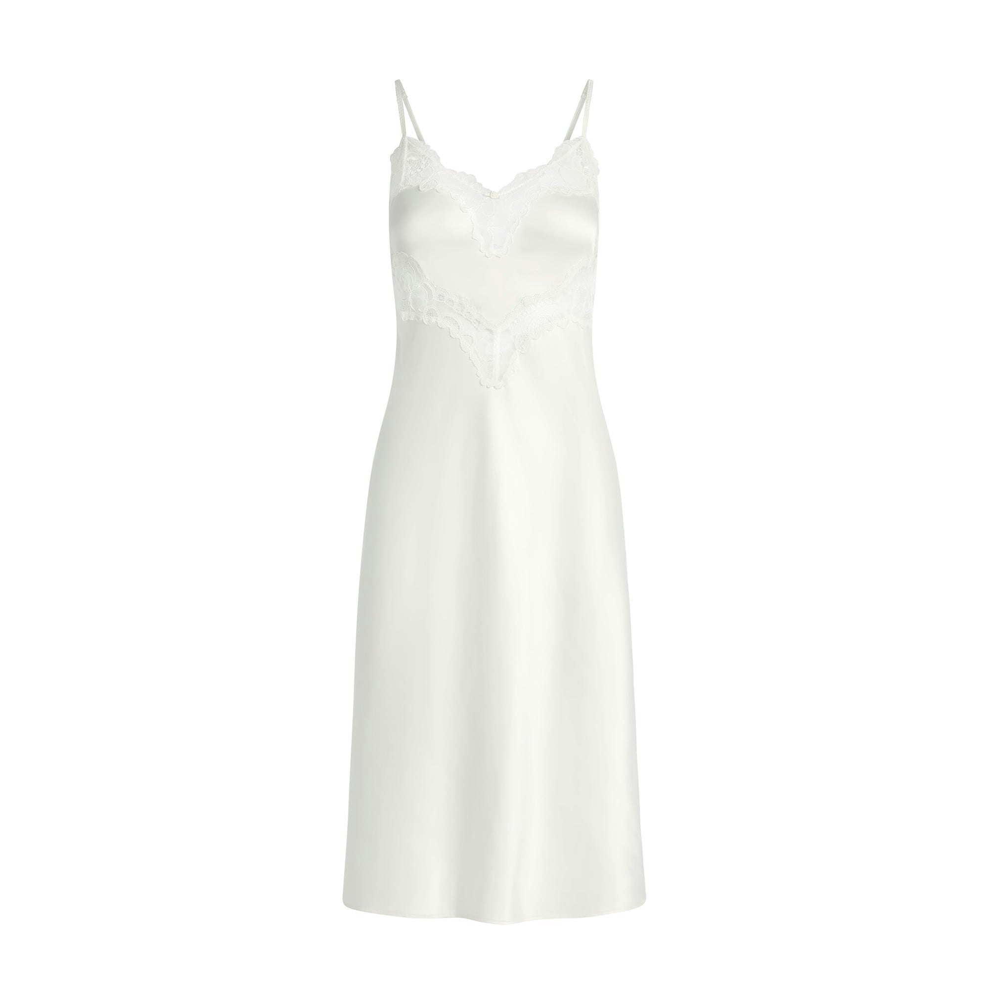 WOVEN SHINE LACE MIDI SLIP DRESS | IVORY FLAT ON A WHITE BACKGROUND | FLT