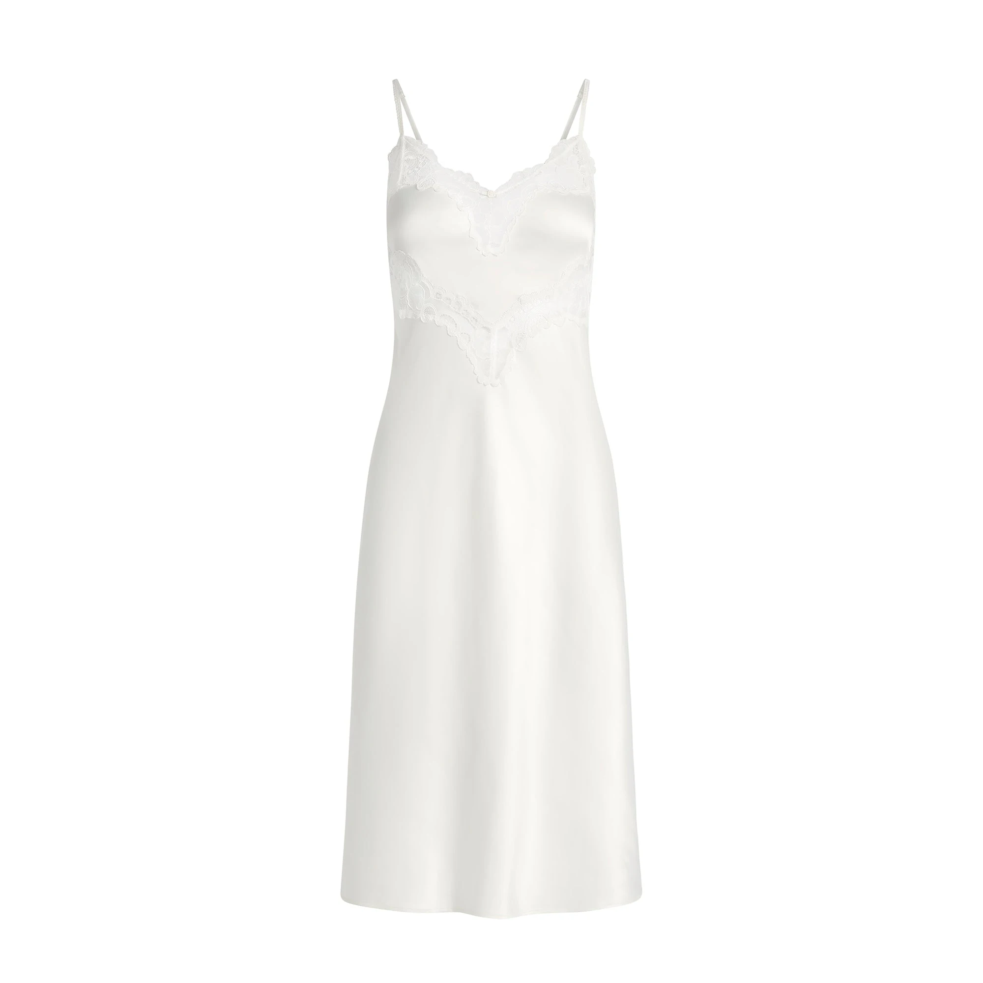 WOVEN SHINE LACE MIDI SLIP DRESS | IVORY FLAT ON A WHITE BACKGROUND | FLT