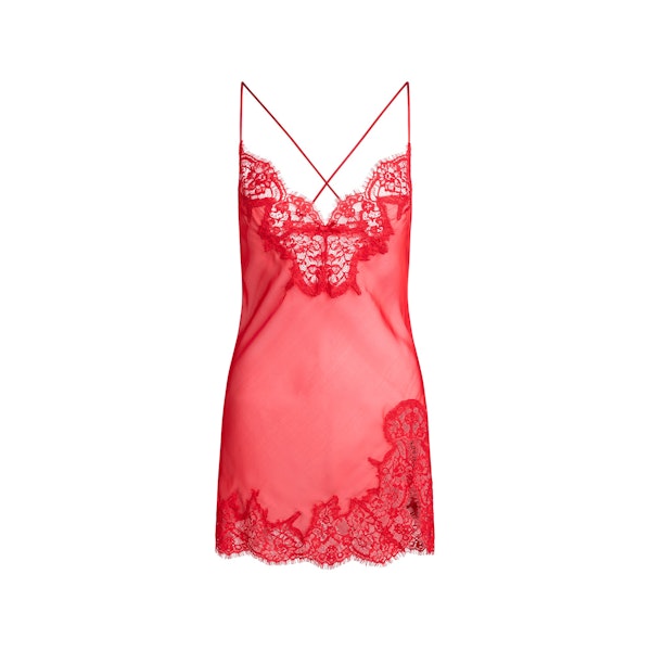 SKIMS ROMANCE LACE MINI SLIP DRESS | CRANBERRY FLAT ON A WHITE BACKGROUND | FLT
