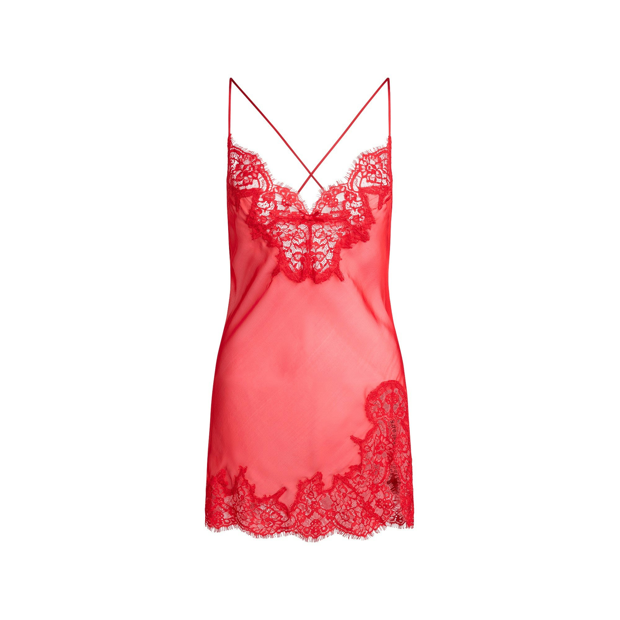 SKIMS ROMANCE LACE MINI SLIP DRESS | CRANBERRY FLAT ON A WHITE BACKGROUND | FLT