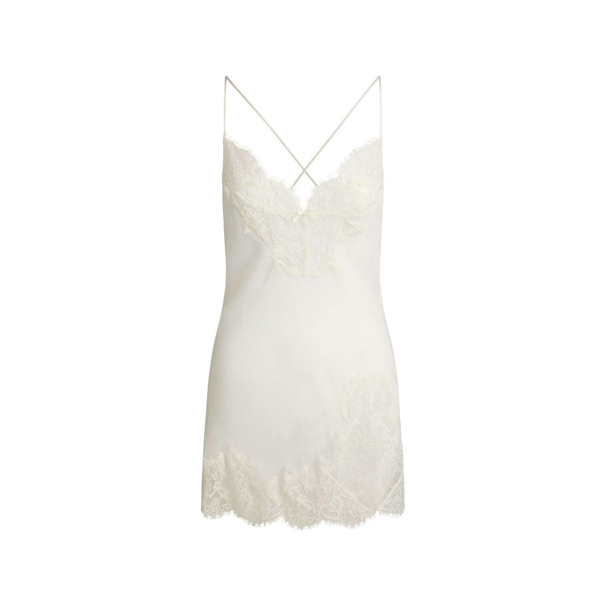 SKIMS ROMANCE LACE MINI SLIP DRESS | ECRU FLAT ON A WHITE BACKGROUND | FLT