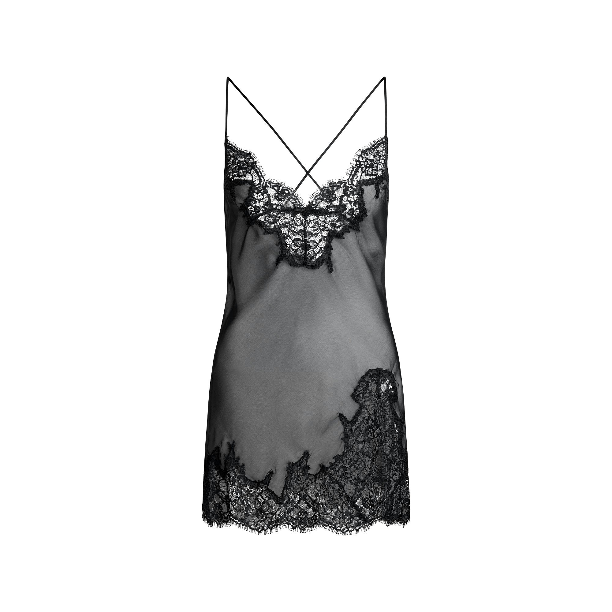 SKIMS ROMANCE LACE MINI SLIP DRESS | ONYX FLAT ON A WHITE BACKGROUND | FLT