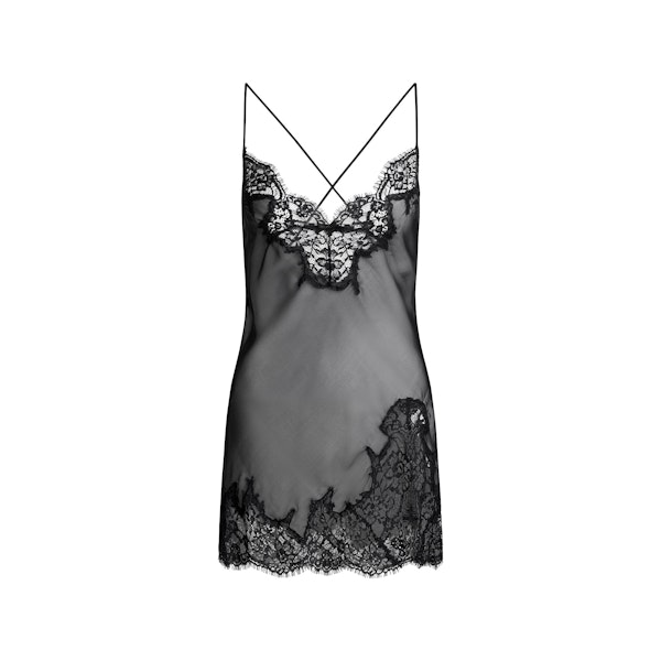 SKIMS ROMANCE LACE MINI SLIP DRESS | ONYX FLAT ON A WHITE BACKGROUND | FLT